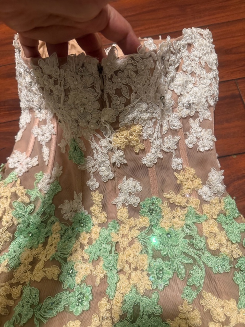 Sherri Hill Strapless Floral Appliqué Cocktail Dress in Blush, Yellow & Mint - Picture 15 of 15